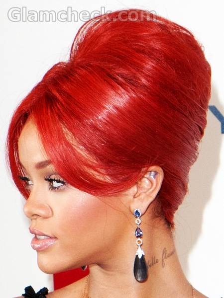 rihanna hair red. Rihanna red hair top bun
